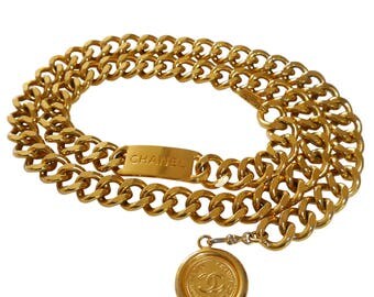 CHANEL 1980s Vintage Statement Chain Belt Gold Link Signature Pendant Size Small Medium Large