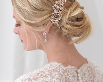 Gold Hair Comb, Floral Wedding Hair Comb, Crystal Bridal Hair Comb, Champagne Hair Comb, Crystal Hair Clip, Hair Comb for Wedding ~TC-740-G