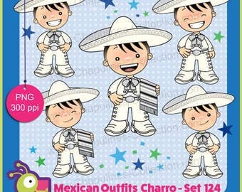 60% off Mexico Clipart, white and silver charro, mexican suit, mexican traditional outfit, Mexico clip art set 124