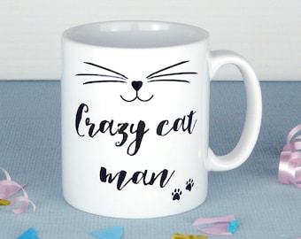 Crazy Cat Man Mug, New Design with Paw Prints, Kitten Mug, Cat Face, Coffee Cup, UK