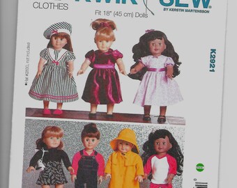 K2921 Kwik Sew 18 Inch Doll Clothes Sewing Pattern Makes All Outfits Shown Except Sailor Hat