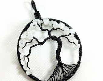 Snowy Night Tree-of-Life Pendant, Moonstone Tree of Life, Black Tree of Life Necklace