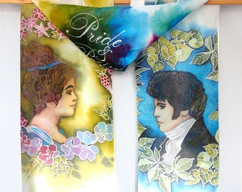 Pride and Prejudice scarf - Elizabeth and Darcy scarves - hand painted silk - Jane Austen gift - Art Nouveau secession - cameo