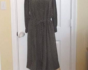 1920s Vintage Black & Gray Polka Dot Silk Dress, Front Button, Long Sleeves, Size Small, Self Belt, Edwardian Style, Vintage Clothing, Dress