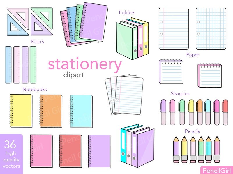 Kawaii Stationery CLIP ART Clipart, School Supplies,Paper, Digital