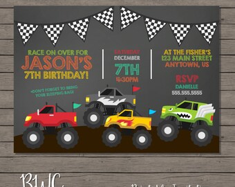 Monster Truck Birthday Invitation, Chalkboard Party Invitation, Kids Birthday Invitation, Truck Invite, Boys Birthday Invite, Digital File