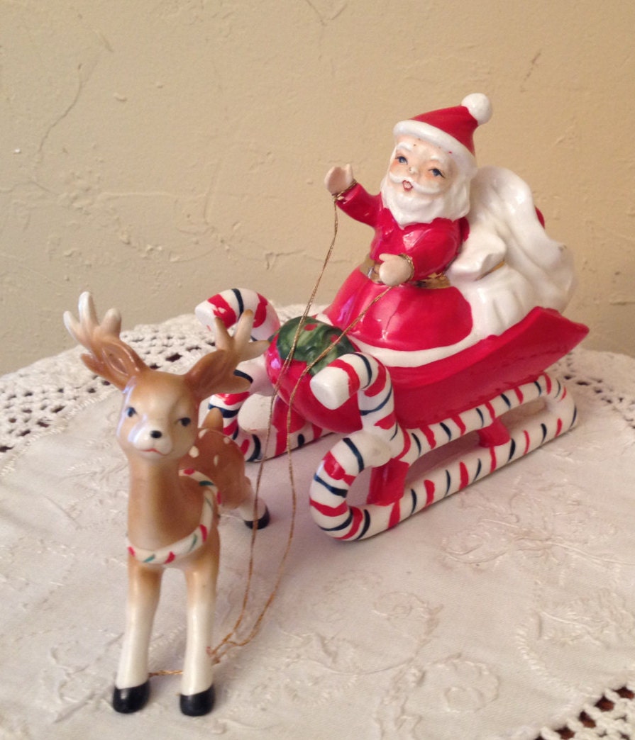 Vintage Santa Claus With Sleigh And Reindeer Great