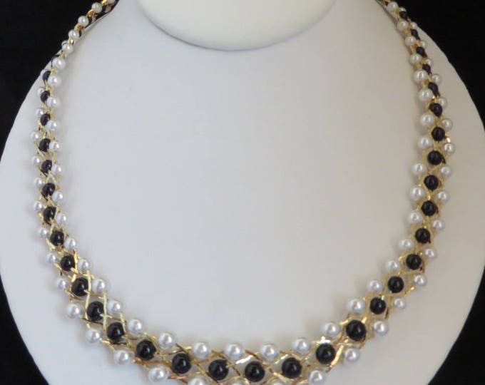 Vintage Faux Pearl Gold Tone Necklace, Black and White Faux Pearl Woven Necklace