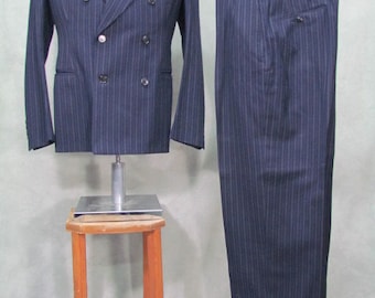 1930s Suit Mens Vintage 3 Piece Suit Pin Stripe Blue Size 38L Harvey Bros Label
