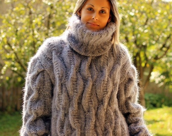 New Cable Hand Knitted Mohair Sweater Light Grey Fuzzy Turtleneck Jumper Pullover Jersey by Extravagantza MADE to ORDER
