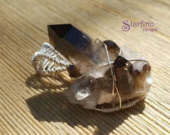 Smoky Quartz Cluster Pendant, Sterling Silver Wire Wrap, Raw Crystal Necklace, Wire Wrapped Jewelry, Crystal Pendant Necklace, Natural Stone