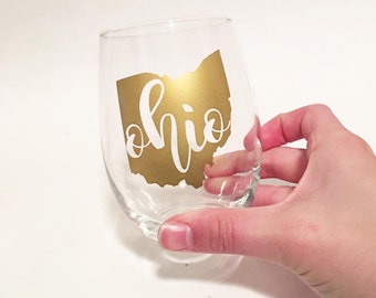 Custom City / State Outline with State Initials Abbreviation in Script Font Stemless Wine Glasses - Gold - Ohio