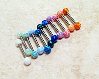 1 Barbell 5MM OPAL Balls Tongue Ring Nipple Industrial Scaffold 316L Surgical Steel 14g 10mm - 38mm Blue Pink Green White Black Fire Purple