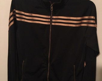 BLACK & GOLD ADIDAS Warm-Up/Track Suit Style Zip-Up Jacket, Three Iconic Stripes, Metallic Gold Striped Lightweight Zippered Coat