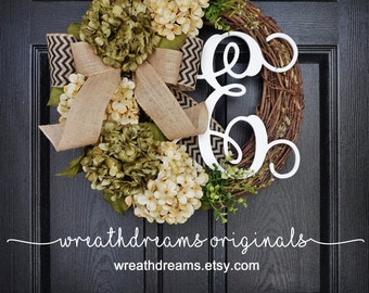 BEST SELLER! Sage Green & Cream Hydrangea Wreath. Year Round Wreath. Spring Wreath. Summer Wreath. Monogram Wreath. Door Wreath