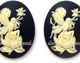 2 Fairy and Magnolia Ivory Color on Black 40mm x 30mm Resin CAMEOS LOT for Making Costume Jewelry