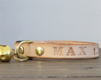 Purrfect Leather Cat Collar - Stamped Name - Breakaway Safety Leather Cat Collar - Brass