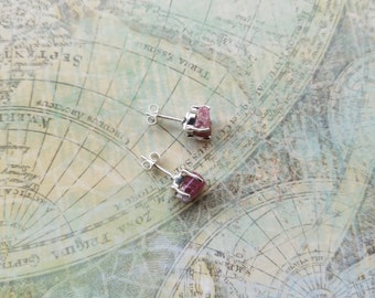 Pink Tourmaline Stud Earrings, 925 Sterling Silver Earrings, Raw Pink Tourmaline Stone Earrings, Birthday Gift, Womens Jewelry