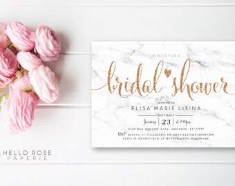 Printable Bridal Shower Invitation . White Marble Wedding Shower Invitation . Digital Download . Gold Leaf Rose Gold Glitter Text and Marble