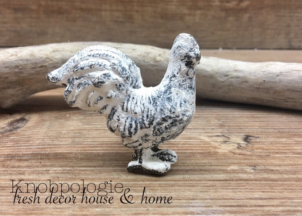 SET OF 4 Distressed White Rooster Metal Knobs Farm Animal Drawer