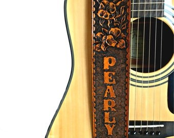 Hibiscus Flower Leather Guitar Strap, Personalized Guitar Strap, Flowers Strap, Hand Tooled Leather Guitar Strap