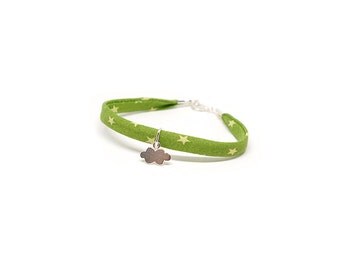 BRACELET Green Cotton with stars for kids, with a Sterling silver cloud charm, gift for little girl, child christmas gift idea