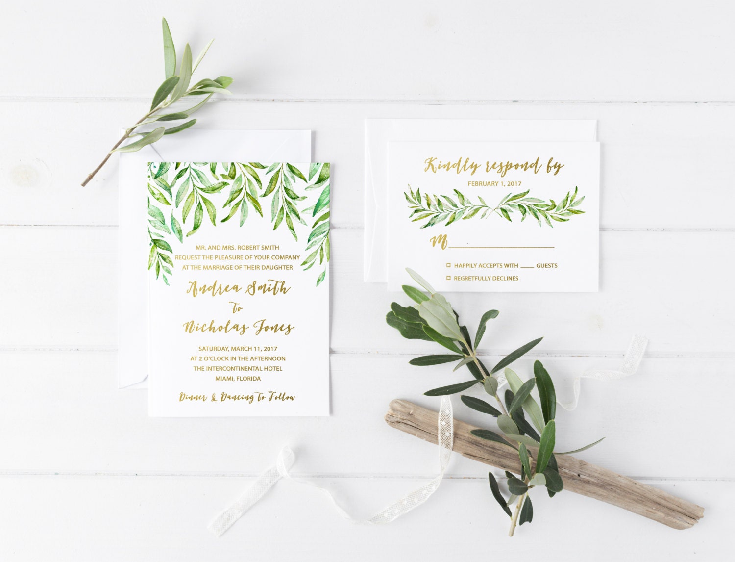 Leaf Wedding Invitation Watercolor Rustic Bohemian Invite Printed Leaf Wedding Invitation Watercolor Rustic Bohemian Invite Printed