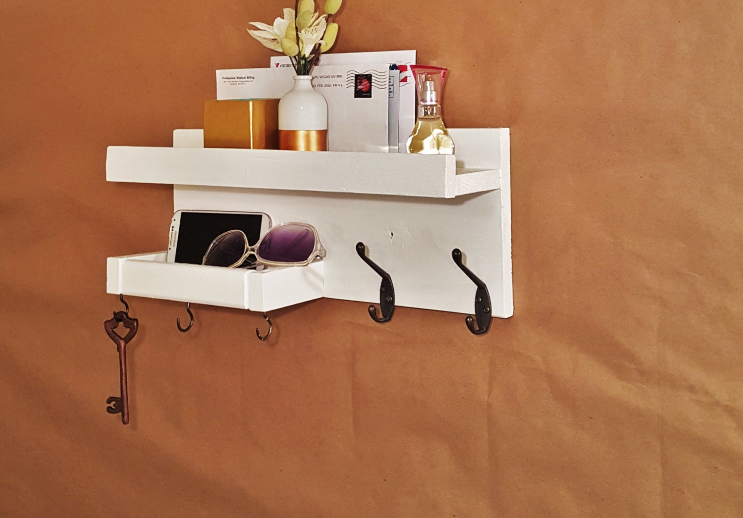 Sale Entryway mail & key wall white reclaimed wood shelf