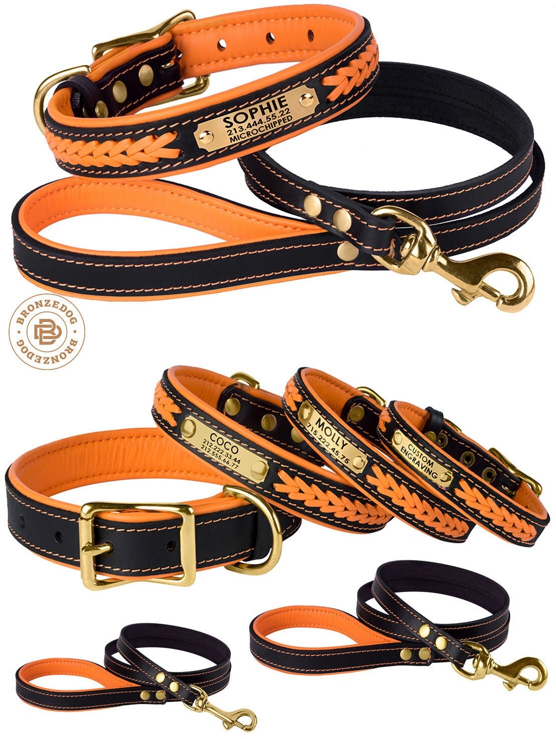 Dog Collar Leash Set Orange Leather Custom Personalized Brass