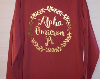 Alpha Omicron Pi 102 Wreath Comfort Color TShirt, Short Sleeve or Long Sleeve with Glossy Gold Letters