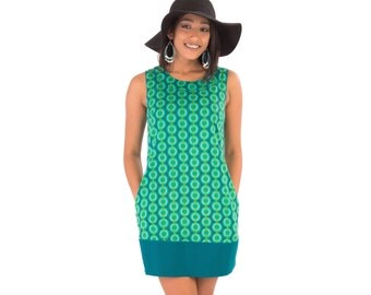 60s Style Summer Cotton Tunic Dress Green Print with Pockets