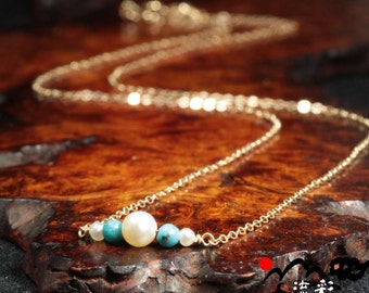 Tiny Freshwater Pearl Necklace,Tiny Freshwater Pearl and Turquoise Necklace,,Turquoise Necklace, Gold Necklace, Gift for her, Gift for wife