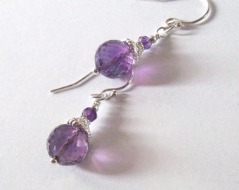 Amethyst Gemstone Drop Earrings Sterling Silver Filigree, February Birthstone