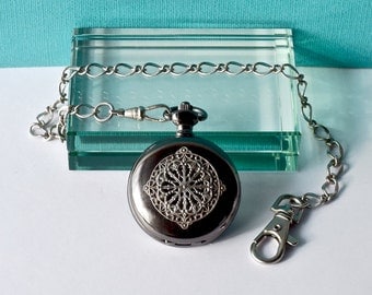 Pocket Watch Chain Handmade Steampunk Nouveau Black Silver Filigree Mandala 8 pointed Star Gothic Diamond Dial With Date Vintage Wedding