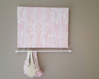 Bow Holder, Bow Organizer, Headband Holder, 11 x 14 Bow Board, Headband Organizer Pink White Damask Fabric, Baby Shower Gift, Nursery Decor