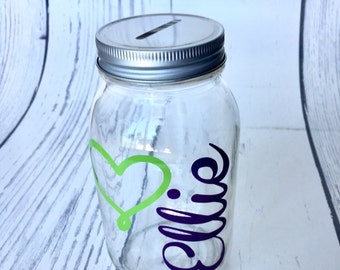 Personalized Bank, Glass Mason Jar Bank, Baby Gift, Personalized Gift, Children's Birthday Gift, Custom Bank, Custom Gift, Christening Gift