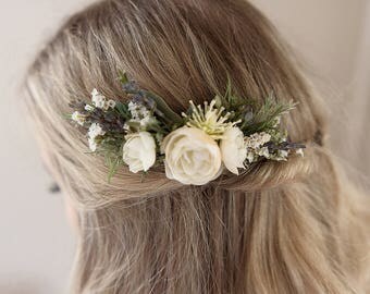 Ivory Flower Comb- Rustic Wedding- Dried Flower Comb- Ivory Floral Comb- Lavender Hair Accessory- Rosemary Greenery Comb- Summer Wedding