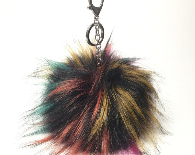 NEW! Faux Fox multicolor Fur Pom Pom bag Keyring Hot Couture Novelty keychain pom pom fake fur puff keyring