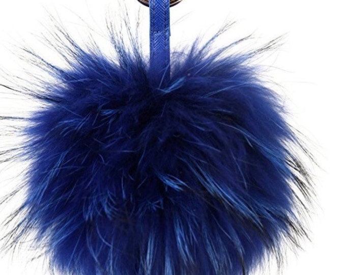 Dark Blue with natural markings Raccoon Fur Pom Pom luxury bag pendant keychain fur ball puff