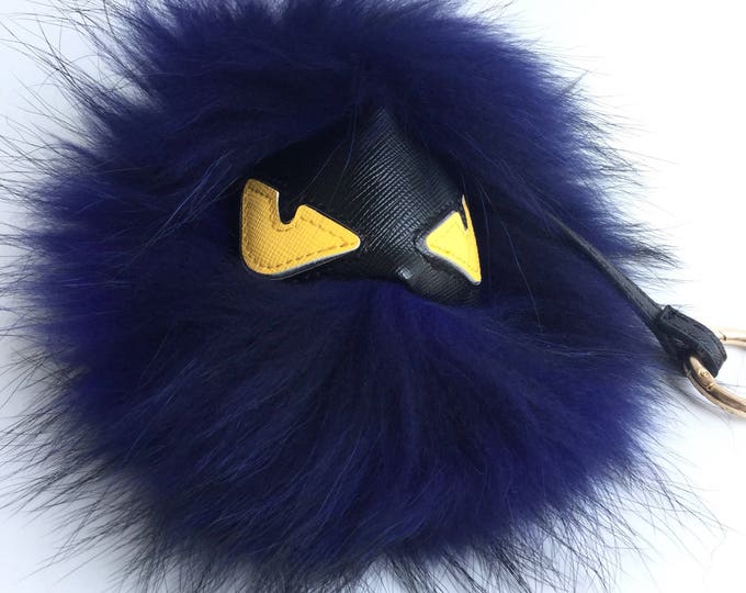 Navy Face Monster Keychain Fur Pom Pom Chain Ball Bobble Key Ring Bag Pendant Charm with Strap and Metal Buckle - Real Fu