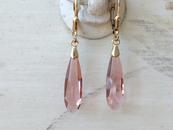 Blush Rose Crystal Raindrop Earrings, Yellow Gold