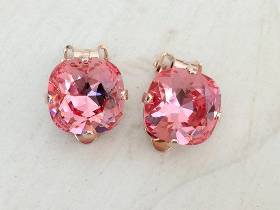 Rose Peach Crystal Clip On Earrings, Rose Gold