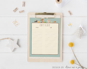 Woodland Baby Shower Gift List , Woodland Gift Checklist , Boy Baby Shower , Woodland Gift Tracker , Printable , Instant Download