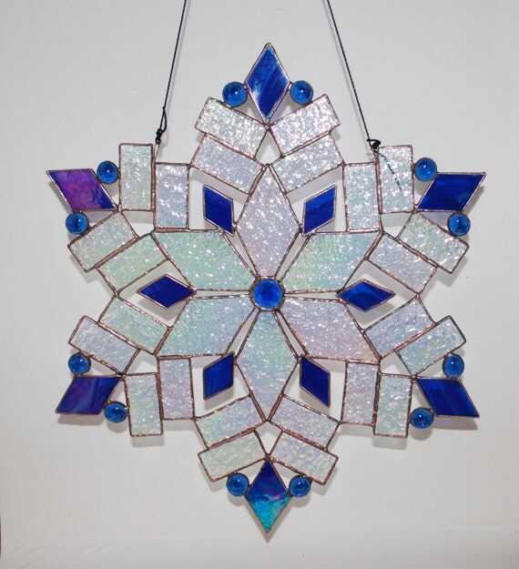 Items Similar To Large Stained Glass Snowflake Suncatcher Iridescent Cobalt Blue Glass 1650