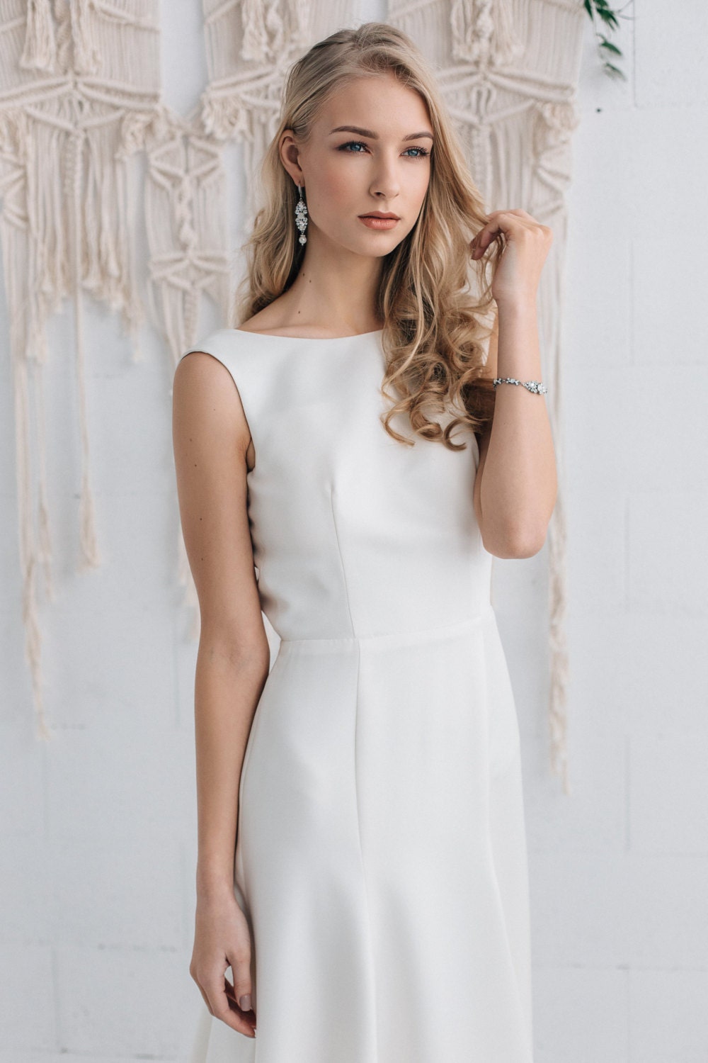 Simple Wedding Dress Ivory Satin Dress Bridal GownOpen Back