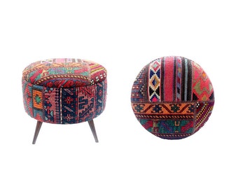 Boho Furniture, Kilim Ottoman, Antique Turkish Carpet, Upholstered Ottoman/IN STOCK
