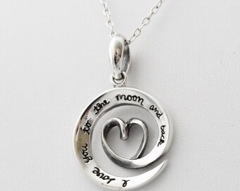 Love You To The Moon and Back Necklace - 925 Sterling Silver - Moon Love Charm