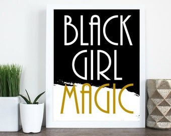 Black girl art, black girls rock, black girl magic art, black and white prints, gold wall art, gold wall decor