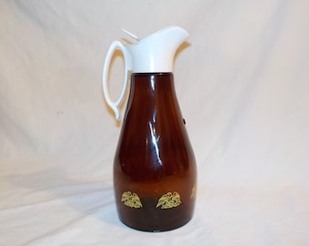 Log Cabin Syrup Pitcher, 1970's, Decanter, Brown Glass with Eagle and Shield Design