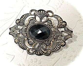 Vintage Victorian Brooch Black Rhinestone Pin Jewelry Accessories VA-144